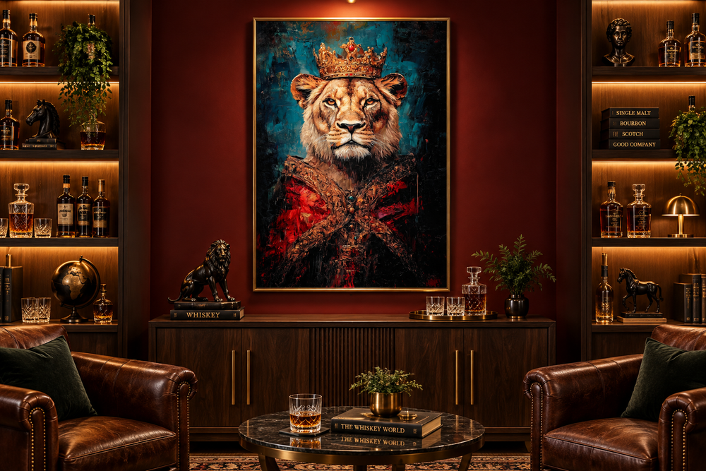 Lioness Queen Victorian portrait wall art in a gold frame above a dark wood console in a home bar.
