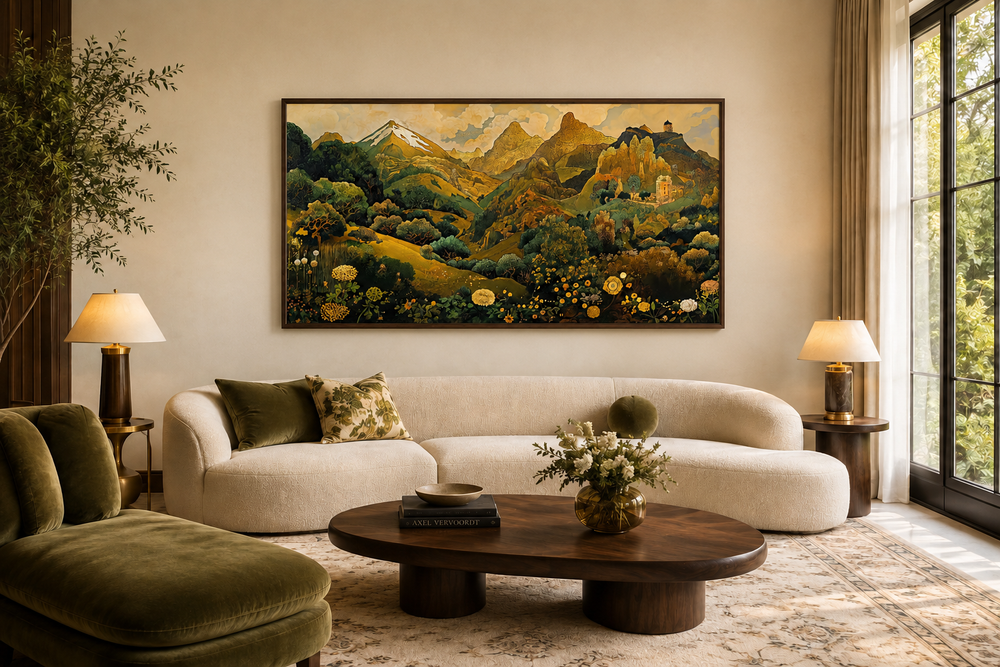Green and gold Art Nouveau floral landscape framed canvas wall art above a white curved sofa.