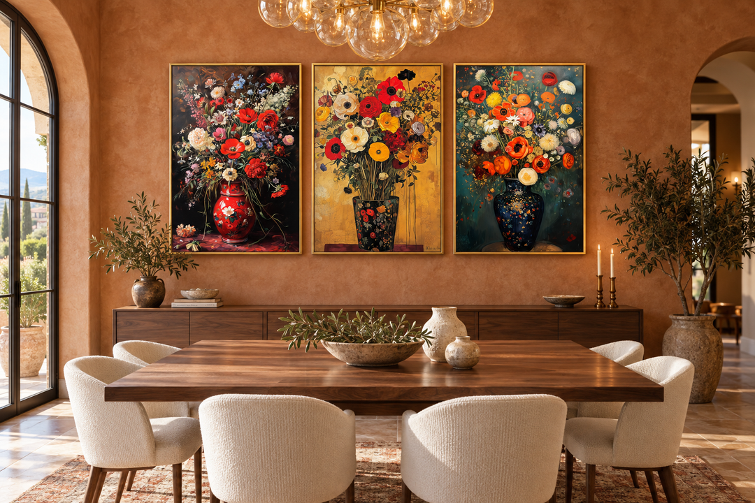 Set of 3 framed canvas prints featuring antique-style floral still life paintings in a dining room.