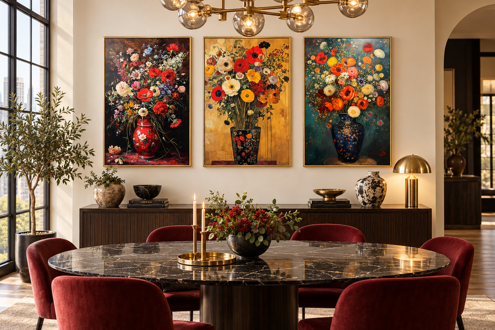 Set of 3 framed canvas wall art featuring antique-style floral still life paintings in a dining room