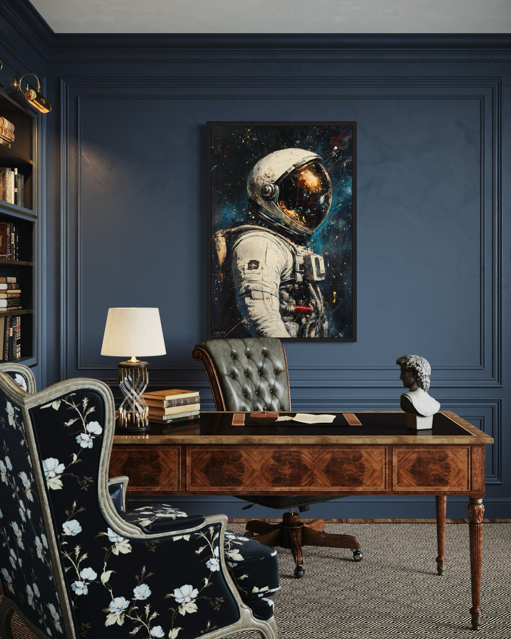 Framed canvas art of an astronaut in a graffiti style.