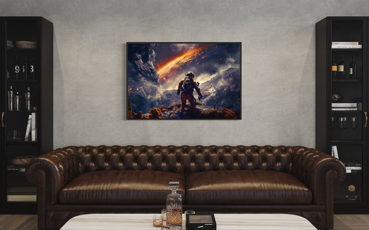 Astronaut On Alien Planet In Space Framed Canvas Wall Art