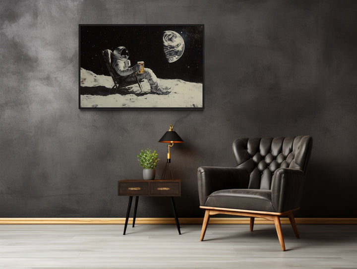 Astronaut On The Moon Drinking Beer Framed Canvas Wall Art