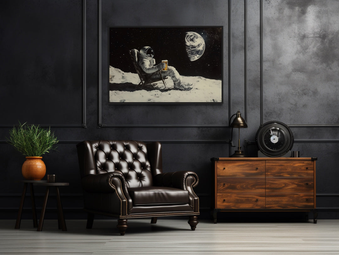 Astronaut On The Moon Drinking Beer Framed Canvas Wall Art