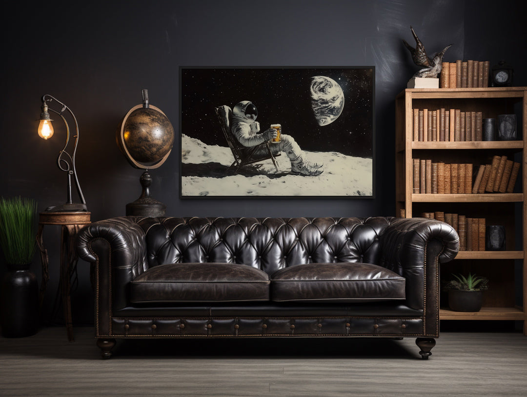 Astronaut On The Moon Drinking Beer Framed Canvas Wall Art