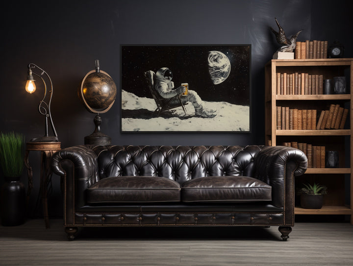 Astronaut On The Moon Drinking Beer Framed Canvas Wall Art