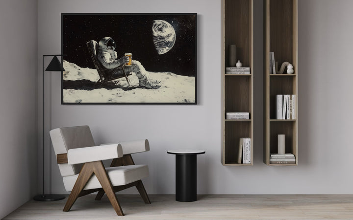 Astronaut On The Moon Drinking Beer Framed Canvas Wall Art