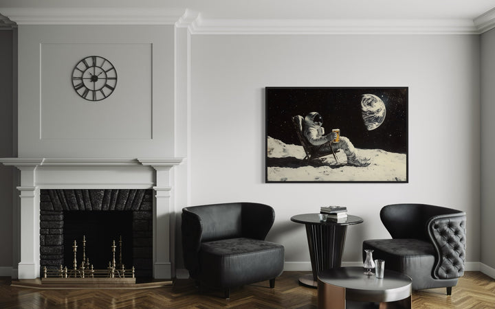 Astronaut On The Moon Drinking Beer Framed Canvas Wall Art