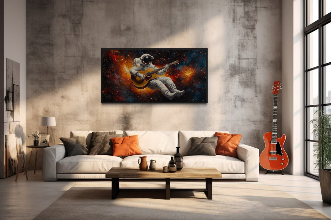 Astronaut Playing Guitar Framed Canvas Wall Art