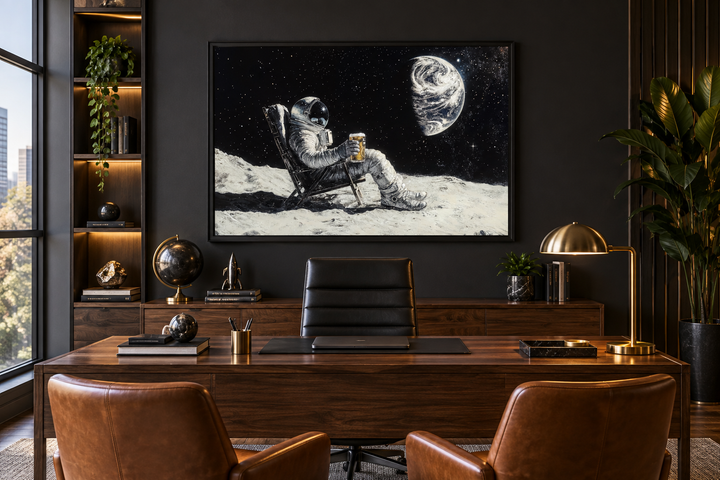 Framed canvas wall art of an astronaut drinking beer on the moon in a modern dark office setting.