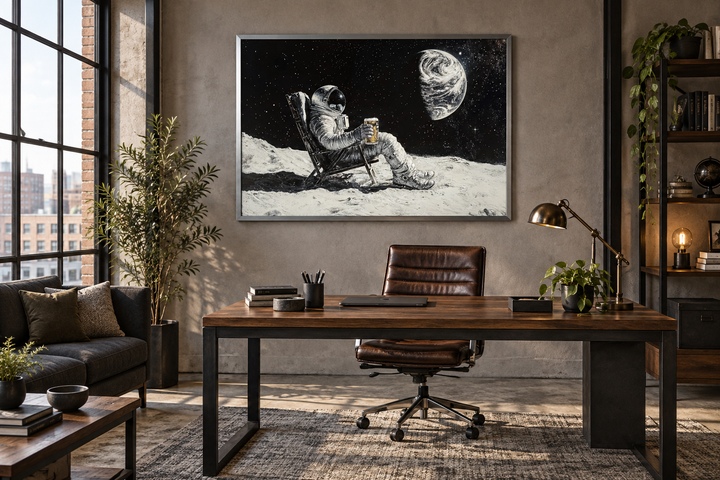 Framed canvas wall art of an astronaut drinking beer on the moon in a modern office setting.