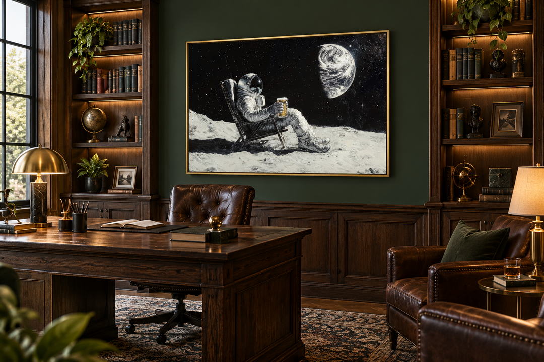 Framed canvas wall art of an astronaut drinking beer on the moon in a dark wood paneled office.