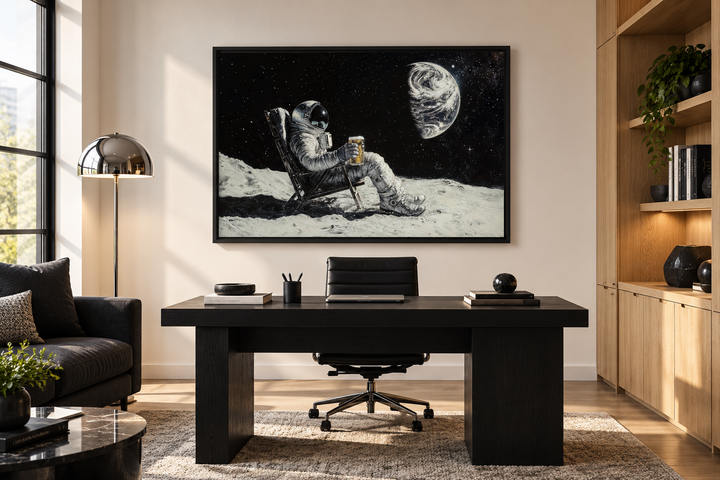 Framed canvas wall art of an astronaut drinking beer on the moon, hung above a black office desk.