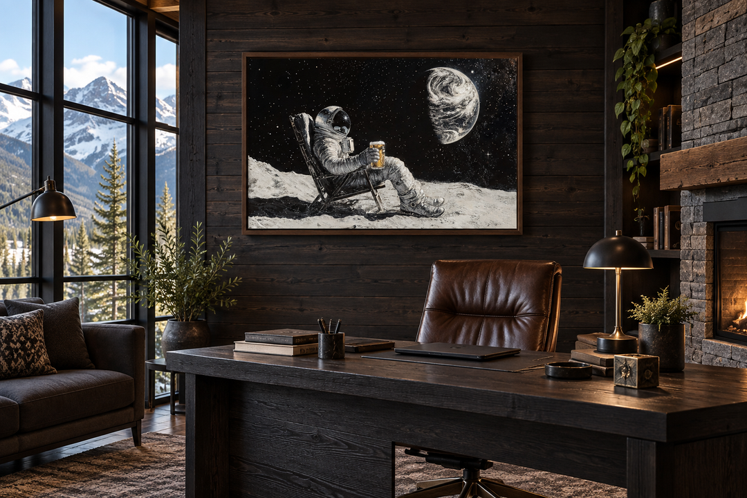 Astronaut on the moon drinking beer framed canvas wall art in a dark wood paneled office.