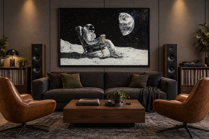 Astronaut on the moon drinking beer framed canvas wall art in a modern living room setting.