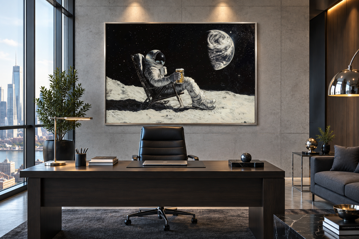 Framed canvas wall art of an astronaut drinking beer on the moon, hanging in a modern office.