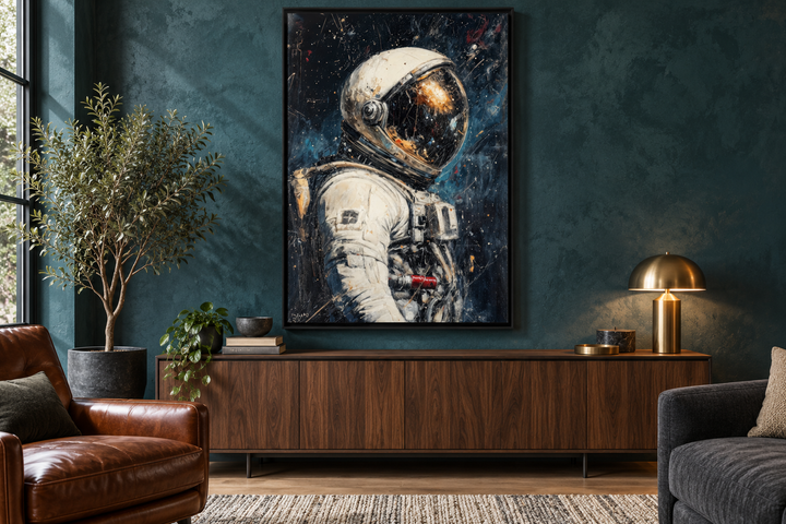 Astronaut Graffiti Framed Canvas Wall Art hanging above a wooden sideboard in a teal room.