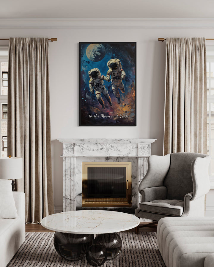 Astronauts Couple In Space Framed Canvas Wall Art