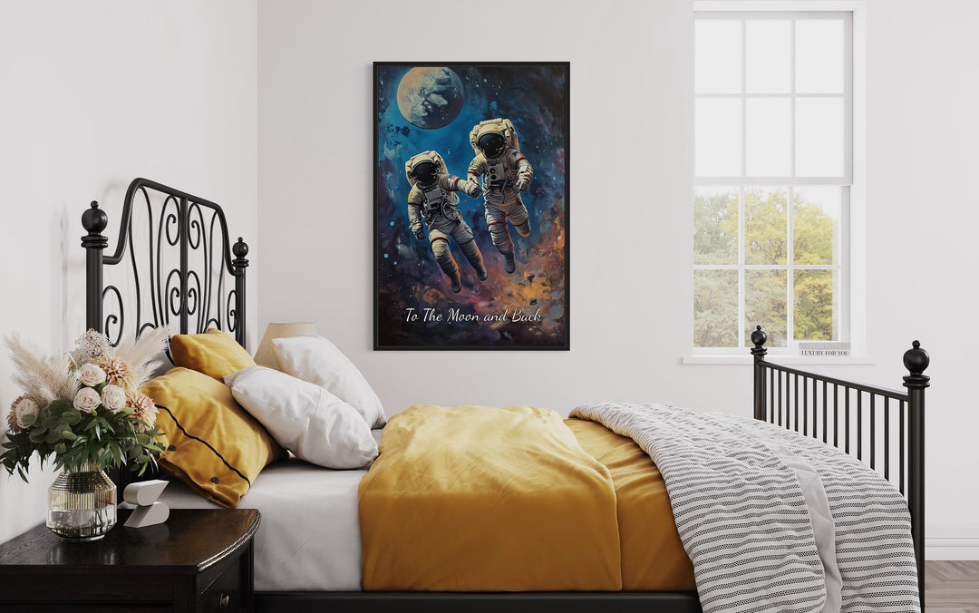 Astronauts Couple In Space Framed Canvas Wall Art