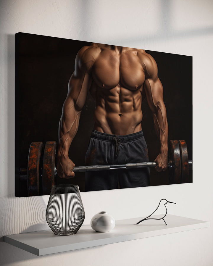 Athletic Man Lifting Barbell Motivational Home Gym Framed Canvas Wall Art