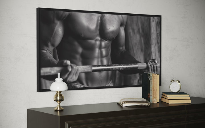 Athletic Man Lifting Barbell Motivational Home Gym Framed Canvas Wall Art