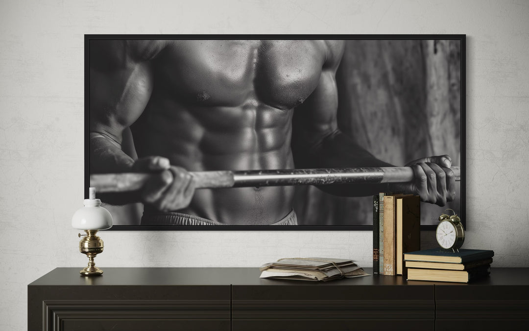 Athletic Man Lifting Barbell Motivational Home Gym Framed Canvas Wall Art