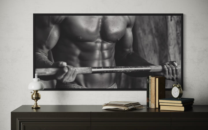 Athletic Man Lifting Barbell Motivational Home Gym Framed Canvas Wall Art