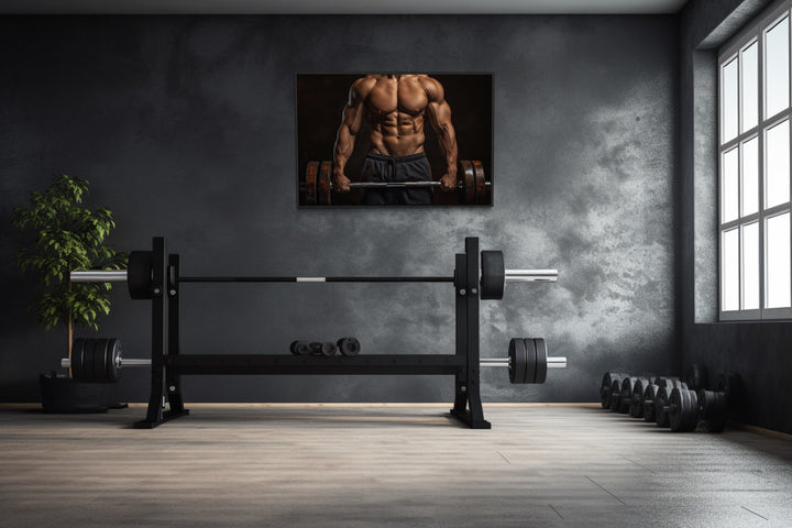 Athletic Man Lifting Barbell Motivational Home Gym Framed Canvas Wall Art