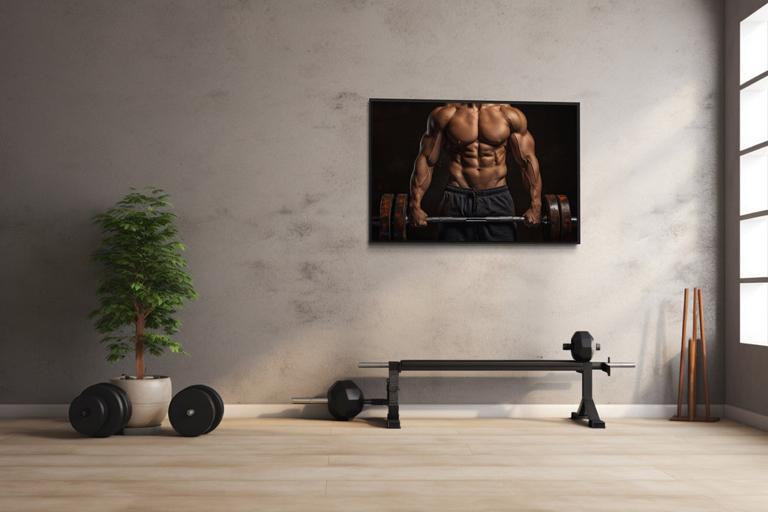 Athletic Man Lifting Barbell Motivational Home Gym Framed Canvas Wall Art