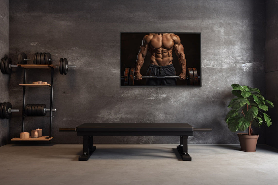 Athletic Man Lifting Barbell Motivational Home Gym Framed Canvas Wall Art