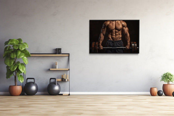 Athletic Man Lifting Barbell Motivational Home Gym Framed Canvas Wall Art