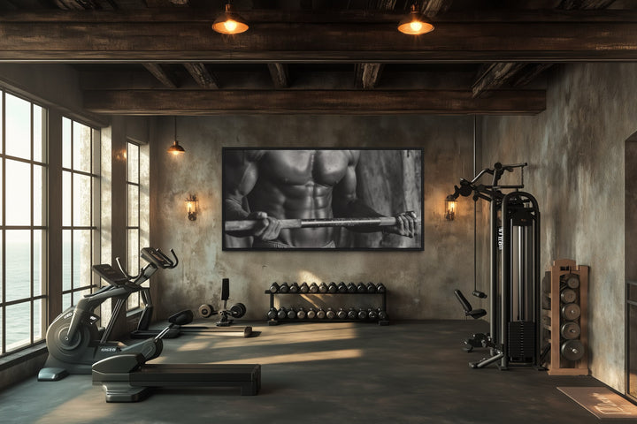 Athletic Man Lifting Barbell Motivational Home Gym Framed Canvas Wall Art