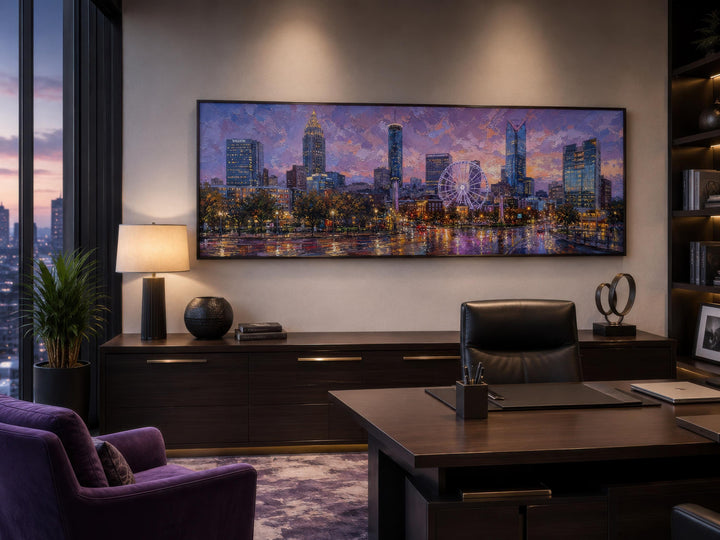 Panoramic Atlanta skyline canvas print with a sunset cityscape in a modern executive office.
