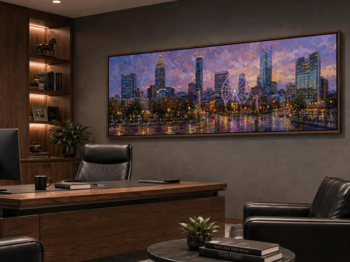 Panoramic Atlanta skyline canvas art in a modern office with dark wood desk and leather chairs.
