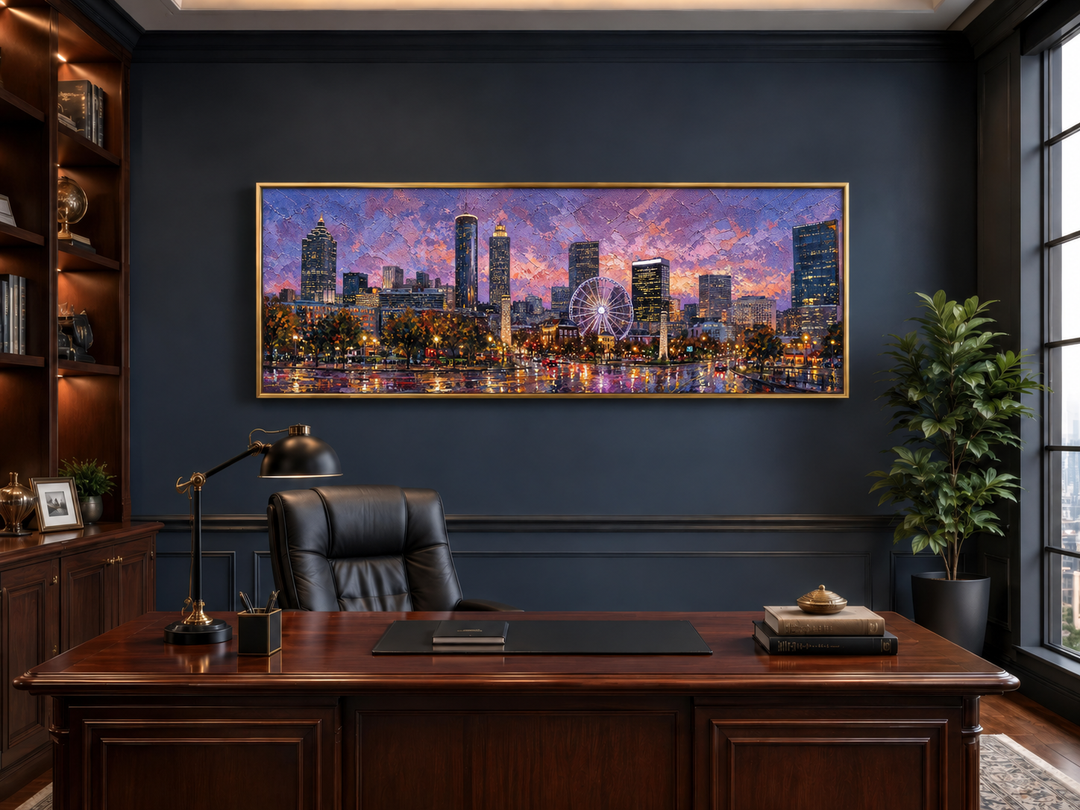 Panoramic Atlanta skyline canvas print with a sunset cityscape above a dark wood office desk.