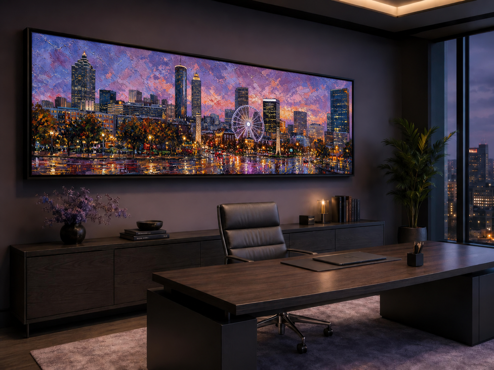 Panoramic Atlanta skyline canvas art featuring a sunset cityscape in a modern office setting.