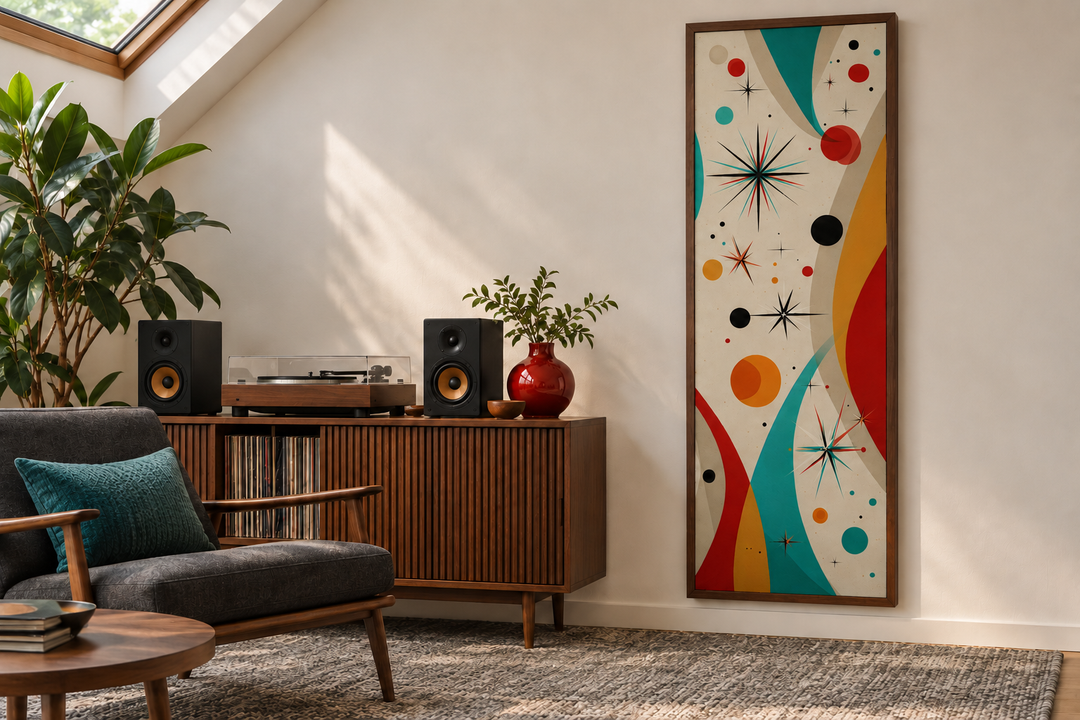 Vertical mid-century modern canvas print with retro geometric shapes and starbursts in a wood frame.