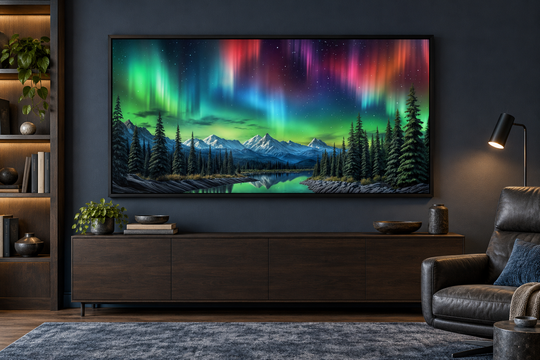 Northern Lights Over Arctic Mountains Framed Canvas Wall Art in a dark modern living room.