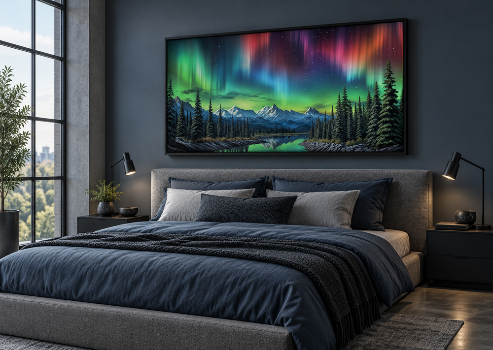 Northern Lights over Arctic mountains framed canvas wall art hanging above a bed in a bedroom.