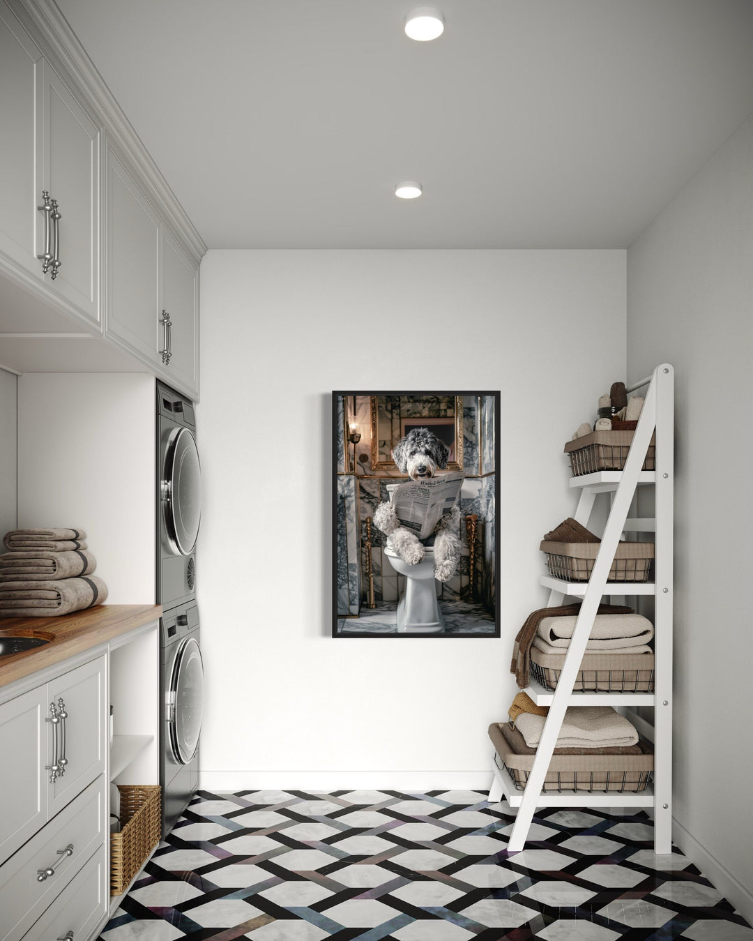 Aussiedoodle Dog On The Toilet Reading Newspaper Picture