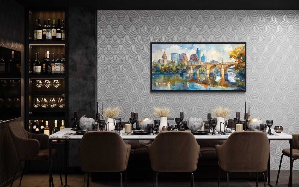 Austin Skyline Wall Art – Framed Watercolor Cityscape Canvas for Modern Living Room Decor