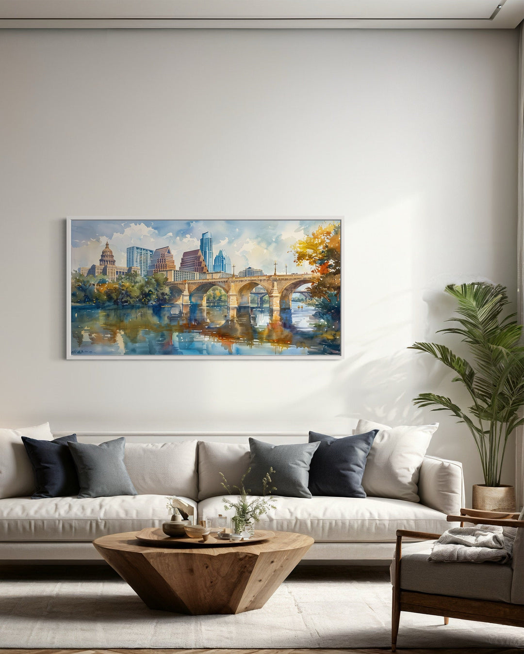 Austin Skyline Wall Art – Framed Watercolor Cityscape Canvas for Modern Living Room Decor
