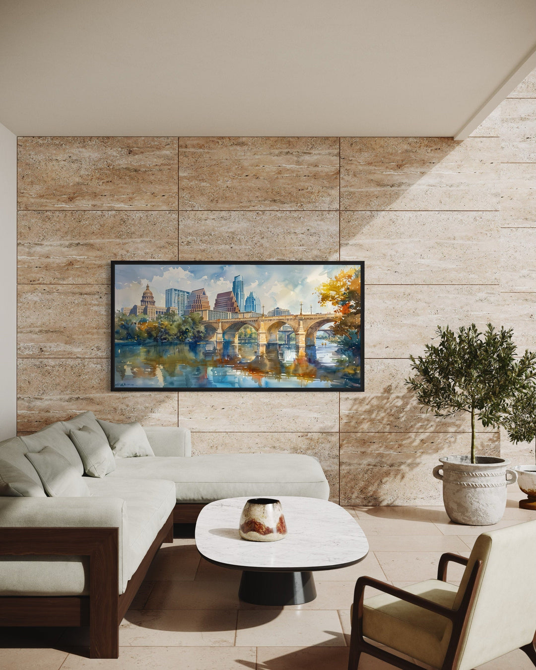 Austin Skyline Wall Art – Framed Watercolor Cityscape Canvas for Modern Living Room Decor