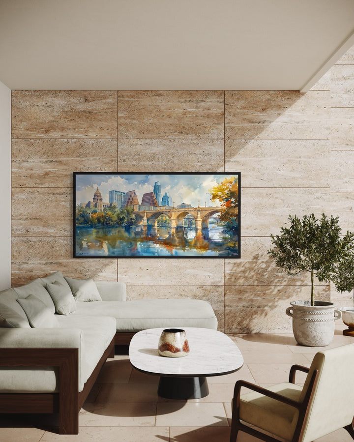 Austin Skyline Wall Art – Framed Watercolor Cityscape Canvas for Modern Living Room Decor