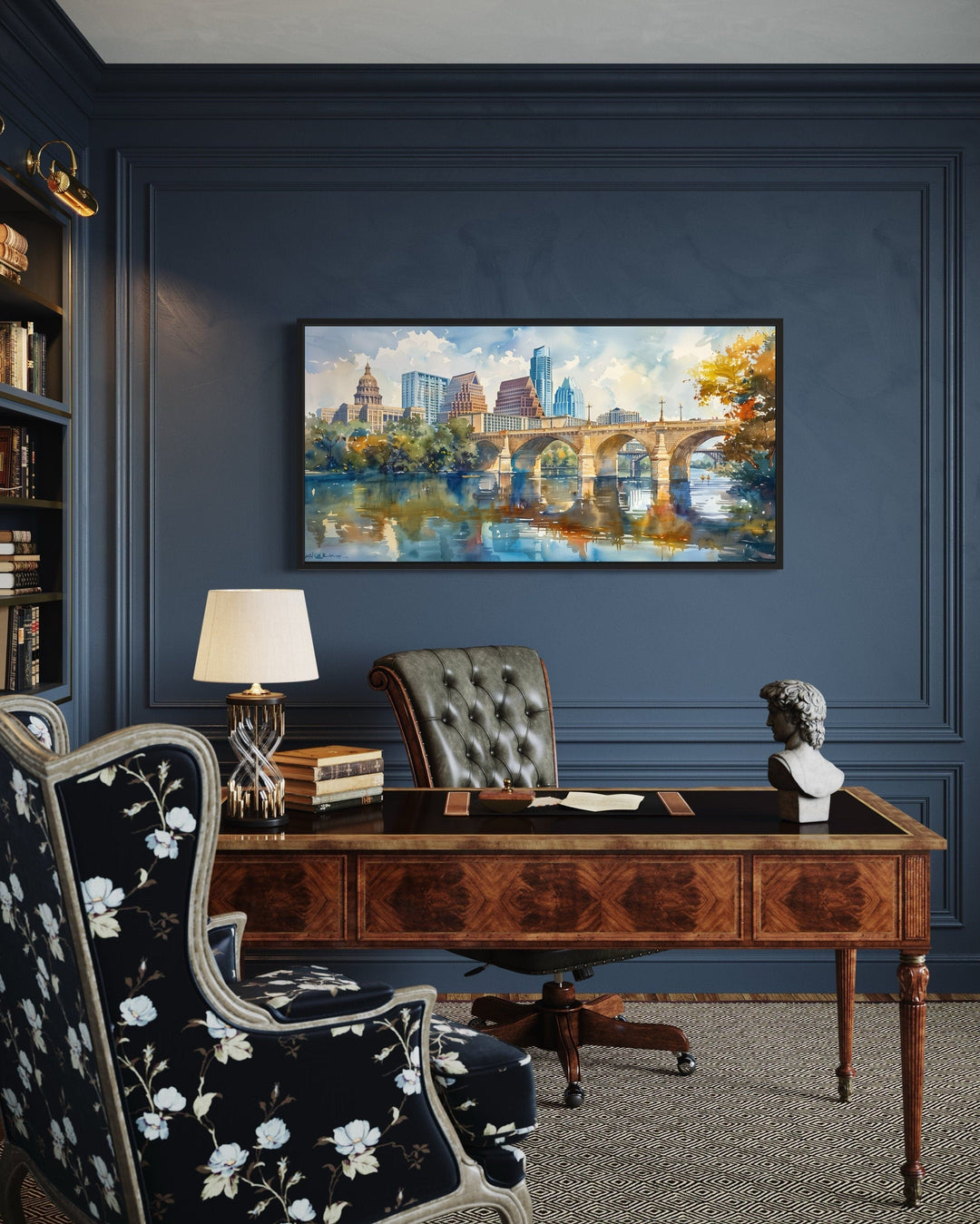 Austin Skyline Wall Art – Framed Watercolor Cityscape Canvas for Modern Living Room Decor