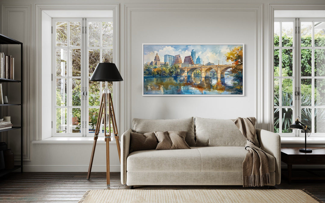 Austin Skyline With Bridge Watercolor Framed Canvas Wall Art