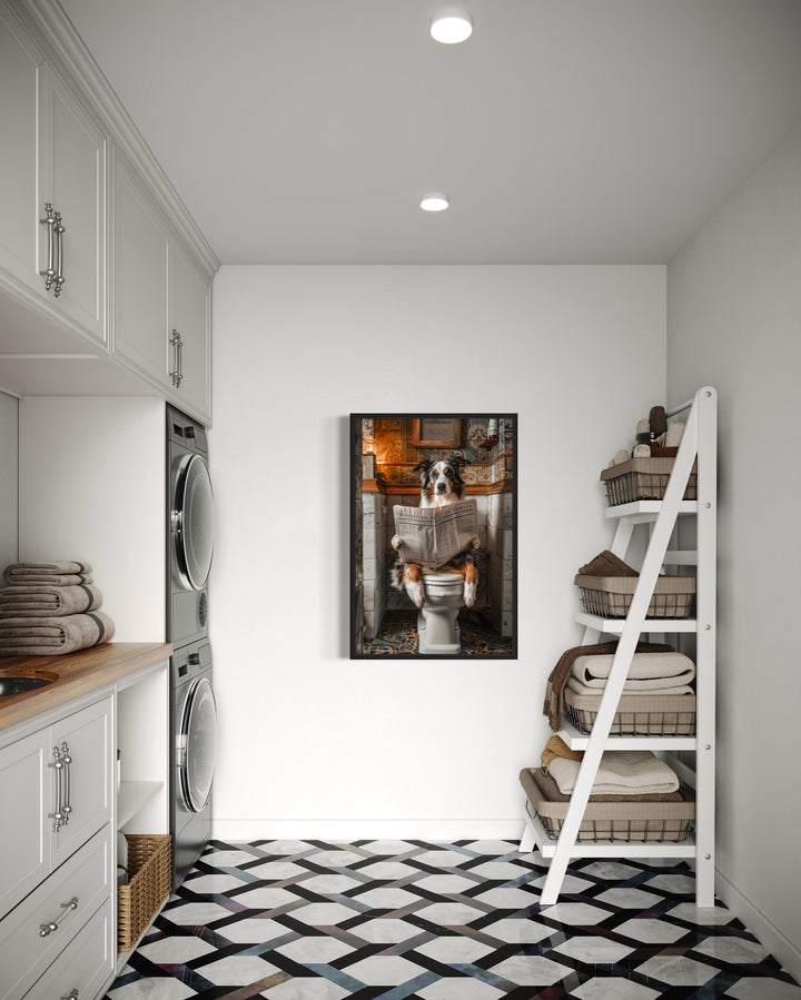 Australian Shepherd Dog On The Toilet Reading Newspaper Picture