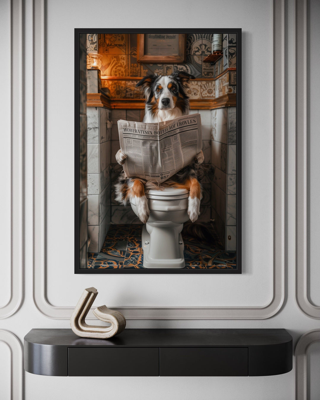 Australian Shepherd Dog On The Toilet Reading Newspaper Picture