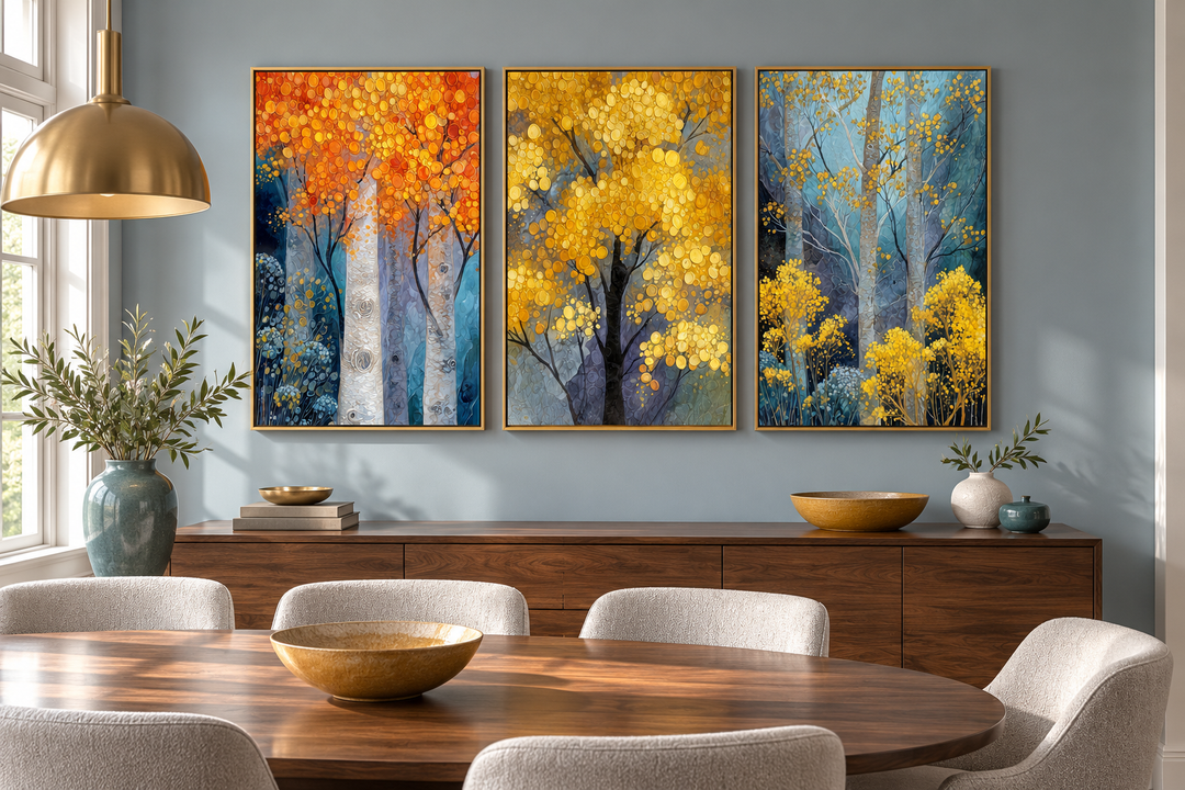Three-piece canvas wall art set featuring golden autumn aspen trees in a modern dining room.