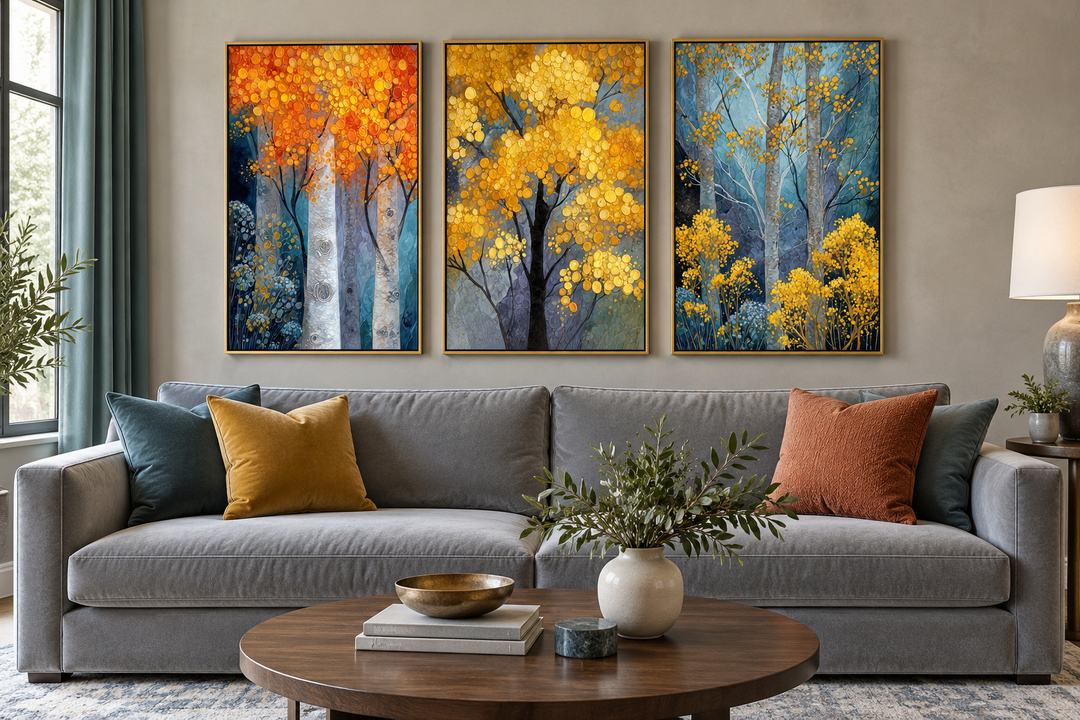 Autumn Aspen Trees Wall Art Set of 3 hanging above a gray sofa in a modern living room.